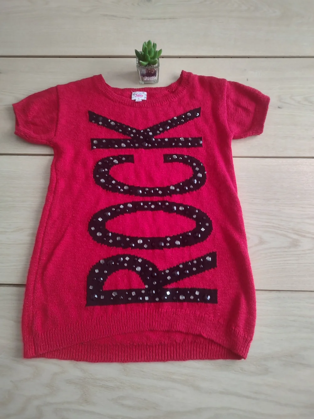 Justice Hot Pink 'ROCK' Studded Short Sleeve Knit Top